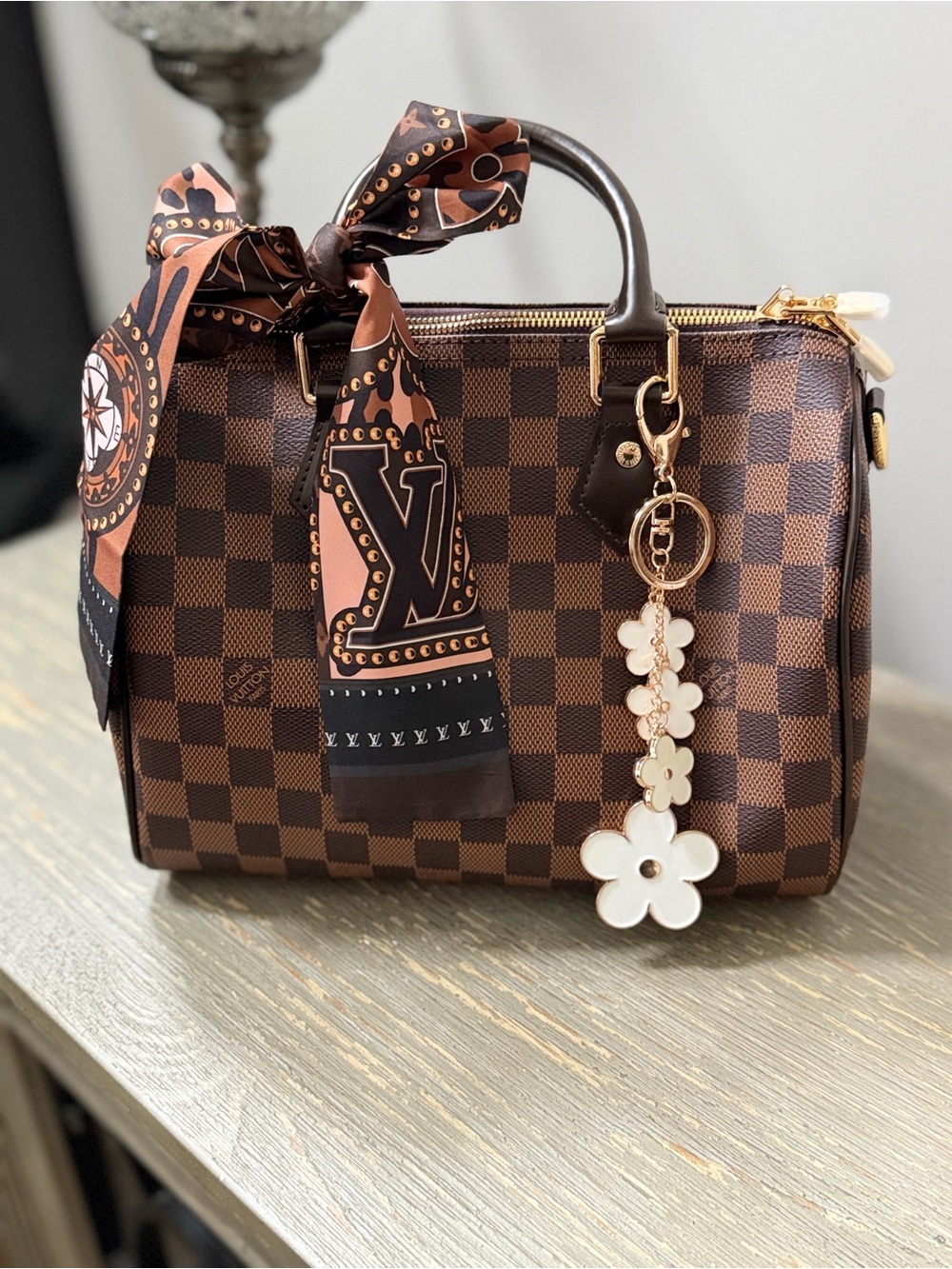 Source Unknown Brown Check Satchel with Floral Charm and Scarf